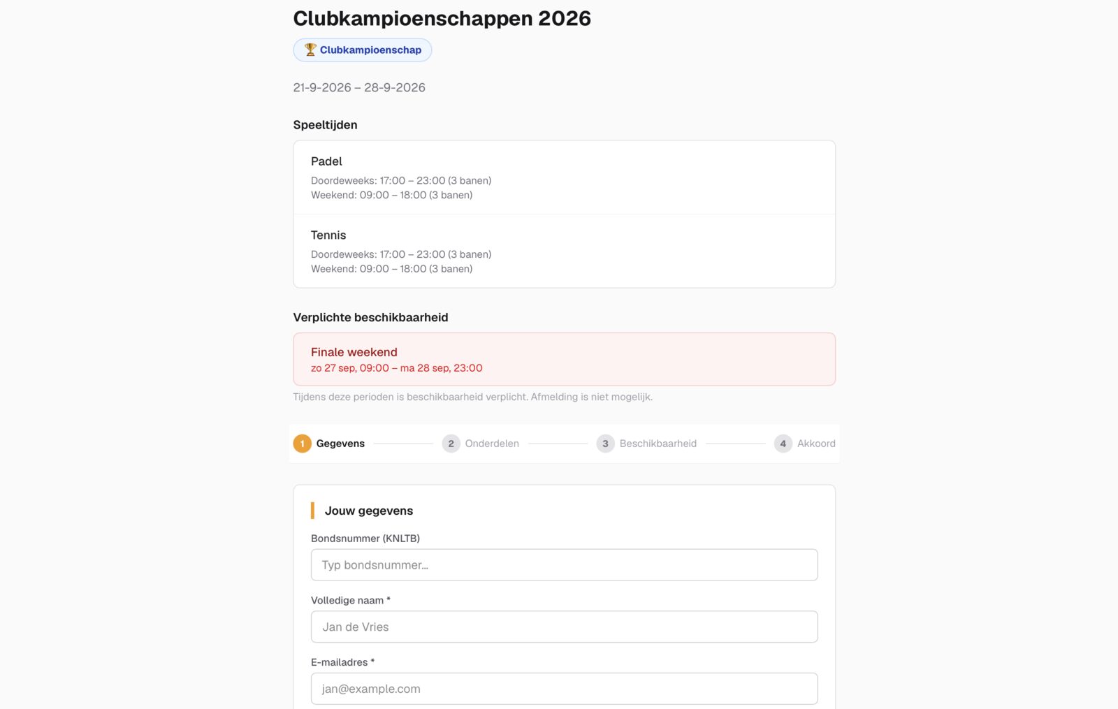 Inschrijfpagina van een clubkampioenschap: speeltijden per sport, verplichte beschikbaarheid in het finaleweekend, en het formulier met bondsnummer, naam en e-mail.